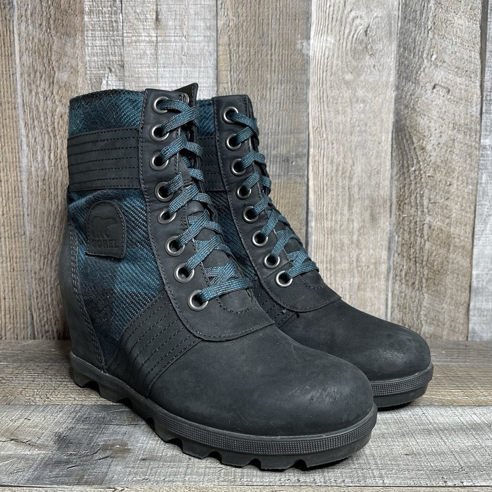 Womens Sorel Lexie Teal Leather Plaid Lace Up Wedge Ankle Boots Booties Size 7 M